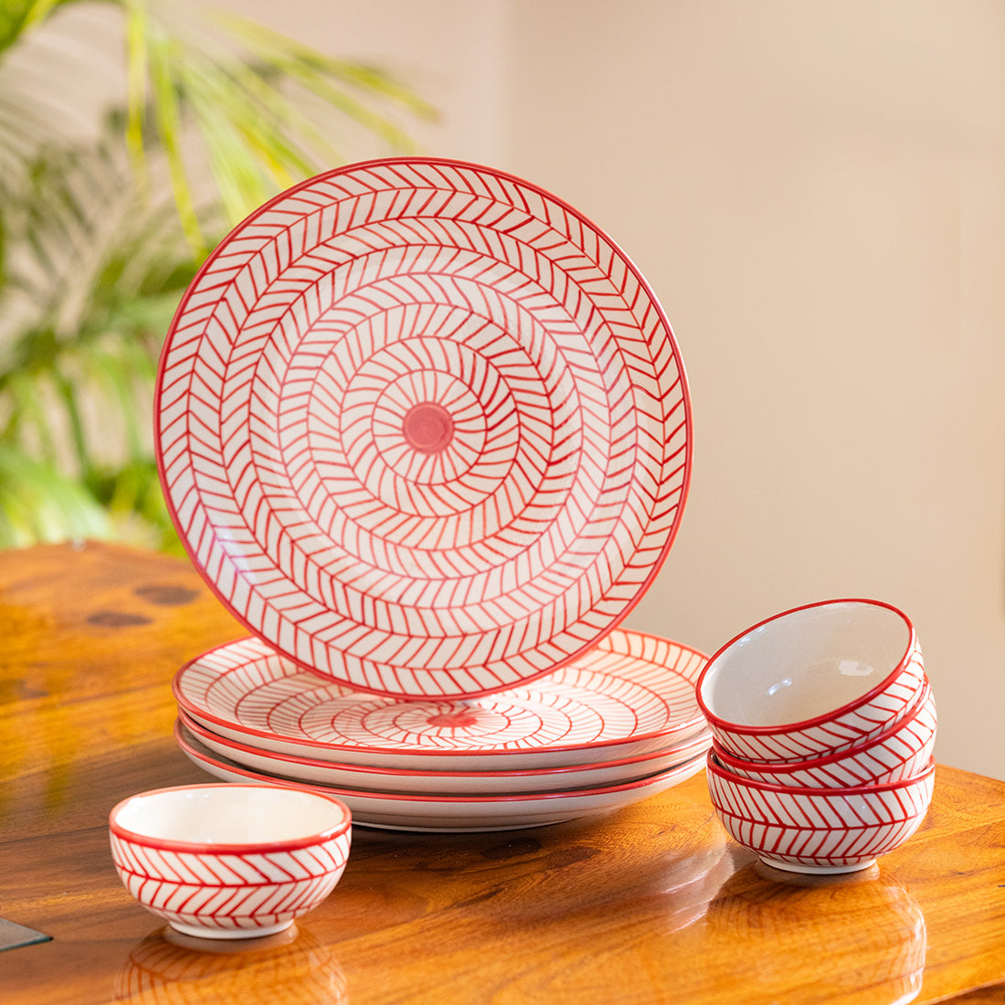 Hand-Painted Ceramic Dinner Plates With Katoris (8 Pieces, Serving for 4, Microwave  Safe)