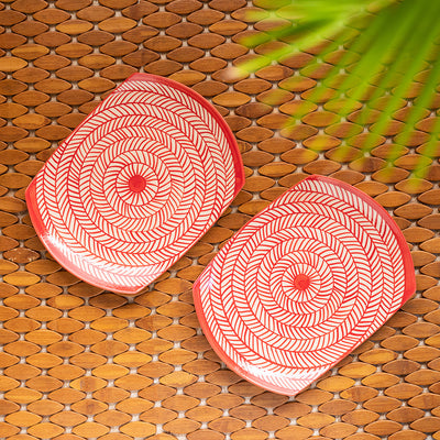 Red Chevrons' Hand-Painted Ceramic Serving Platters (Set Of 2 | Microwave Safe)