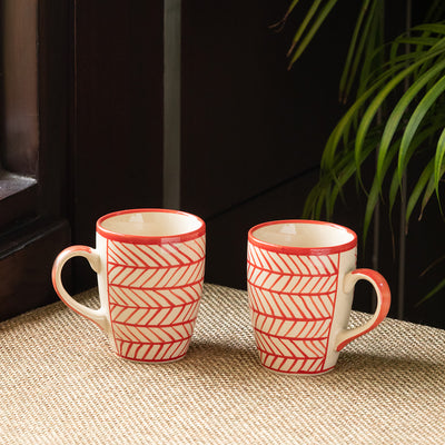 Red Chevrons' Hand-Painted Ceramic Tea & Coffee Mugs (Set of 2 | 260 ML | Microwave Safe)