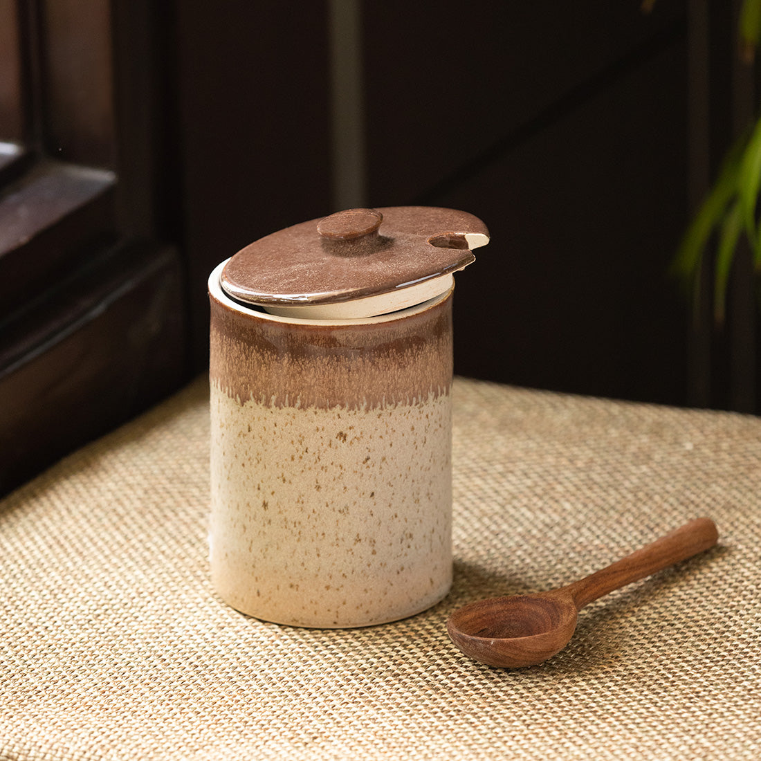 ExclusiveLane Handpainted Ceramic Pickle & Chutney Jars With Spoons (Set Of  2)