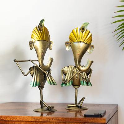 'Twin Ganpatis' Handpainted Decorative Showpiece In Iron (13.5 Inches)