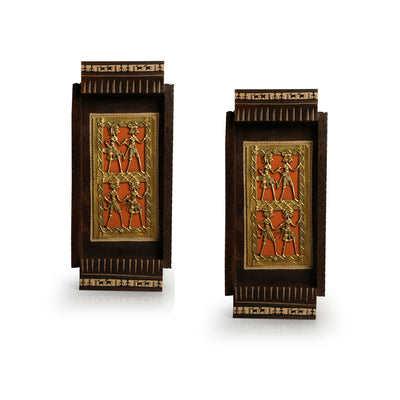 Tribal Dhokra Art' Handcrafted Wall Décor Hanging In Mango Wood (Set Of 2, 10.9 Inch, Hand-Painted)