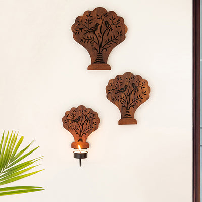Blooming Tree' Handcrafted Wall Décor & Tea-Light Holder (Set of 3, Sheesham Wood, Pyrographed)