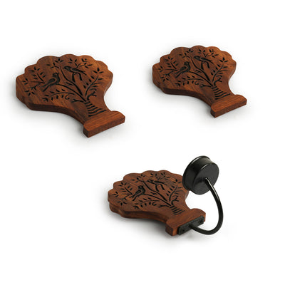 Blooming Tree' Handcrafted Wall Décor & Tea-Light Holder (Set of 3, Sheesham Wood, Pyrographed)