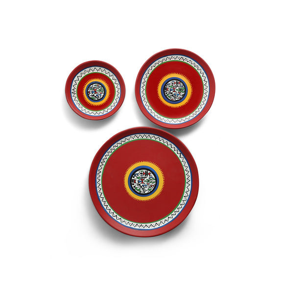  'The Warli Tales' Terracotta Wall Plates Wall Decor (Set of 3, Multicoloured, Hand-painted)