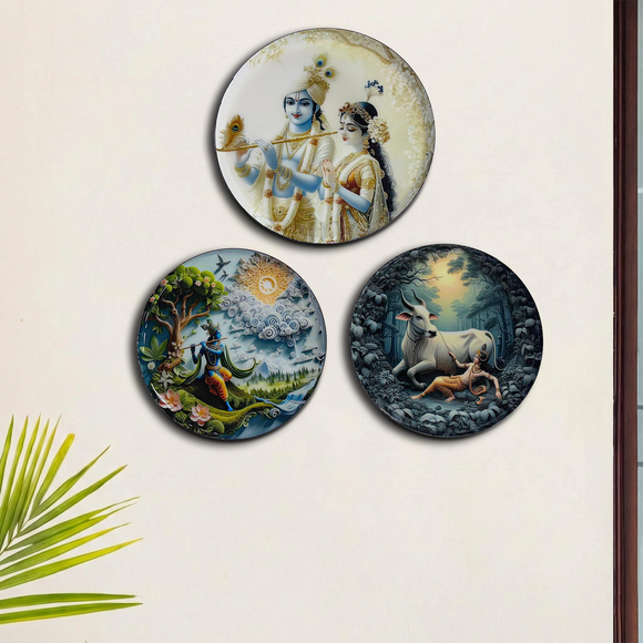  'Krishna's Grace' Wall Plates Wall Décor Hanging (30.5 Cm, Set of 3, Iron, Hand-Enameled)