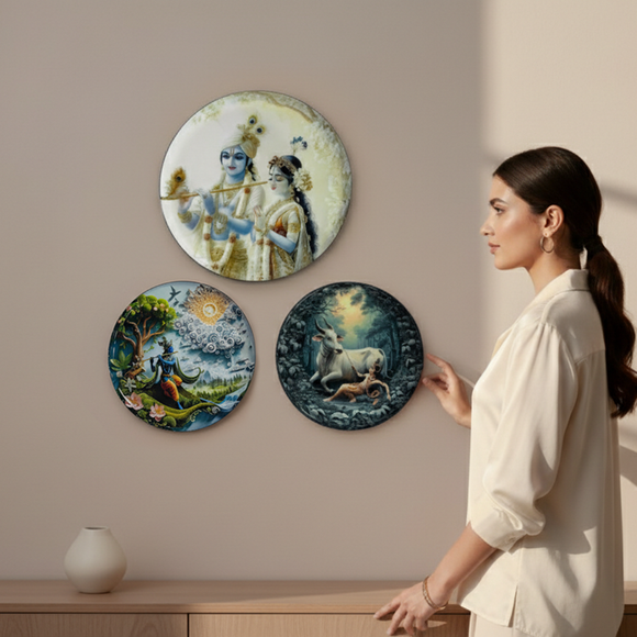  'Krishna's Grace' Wall Plates Wall Décor Hanging (30.5 Cm, Set of 3, Iron, Hand-Enameled)