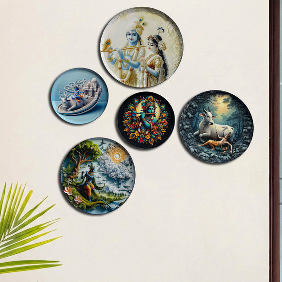  'Radha Krishna Flute Melody' Wall Plates Wall Décor Hanging (30.5 Cm, Set of 5, Iron, Hand-Enameled)