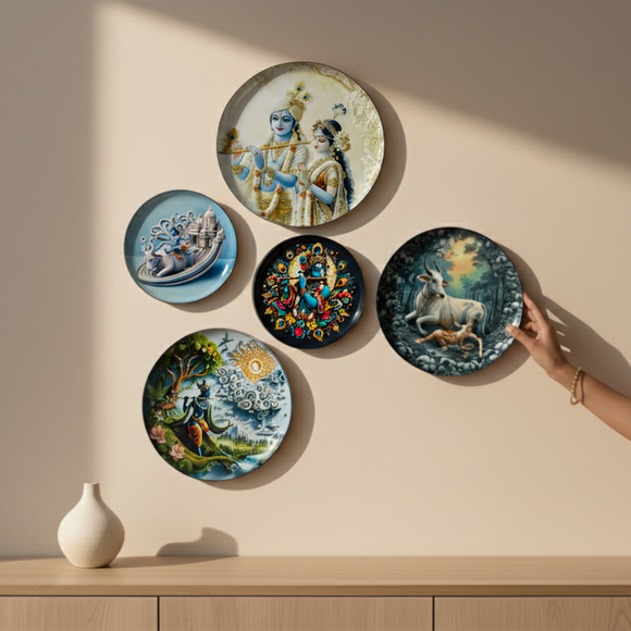  'Radha Krishna Flute Melody' Wall Plates Wall Décor Hanging (30.5 Cm, Set of 5, Iron, Hand-Enameled)
