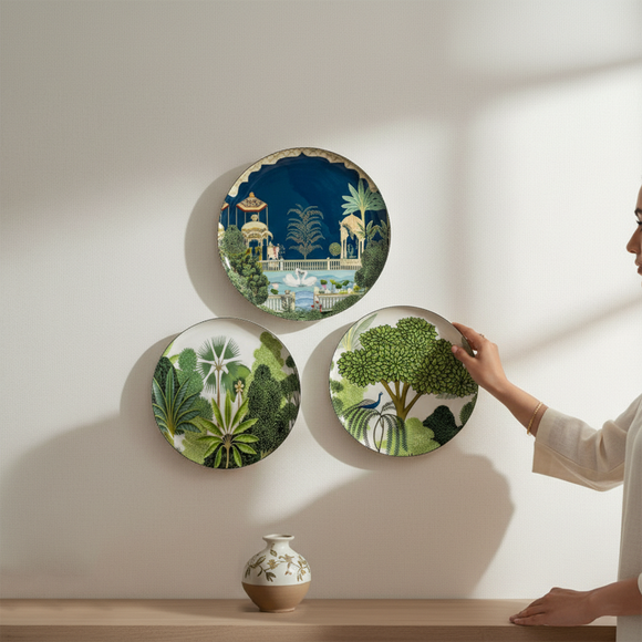  'Mughal Heritage' Decorative Wall Plates Wall Decor Hanging (30.5 Cm, Set of 3, Iron, Hand-Enameled)