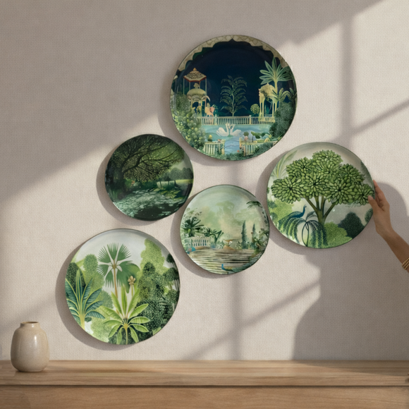  'Mughal Heritage' Decorative Wall Plates Wall Décor Hanging (30.5 Cm, Set of 5, Iron, Hand-Enameled)