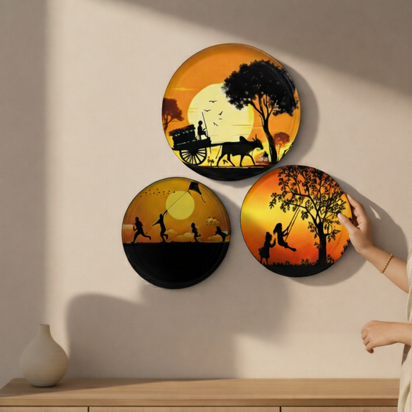  'Village Serenity' Decorative Wall Plates Wall Décor Hanging (30.5 Cm, Set of 3, Iron, Hand-Enameled)