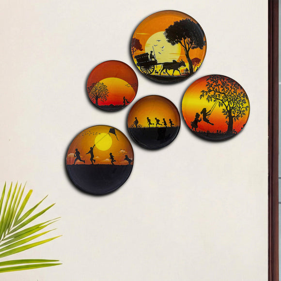 'Village Serenity' Decorative Wall Plates Wall Décor Hanging (30.5 Cm, Set of 5, Iron, Hand-Enameled)