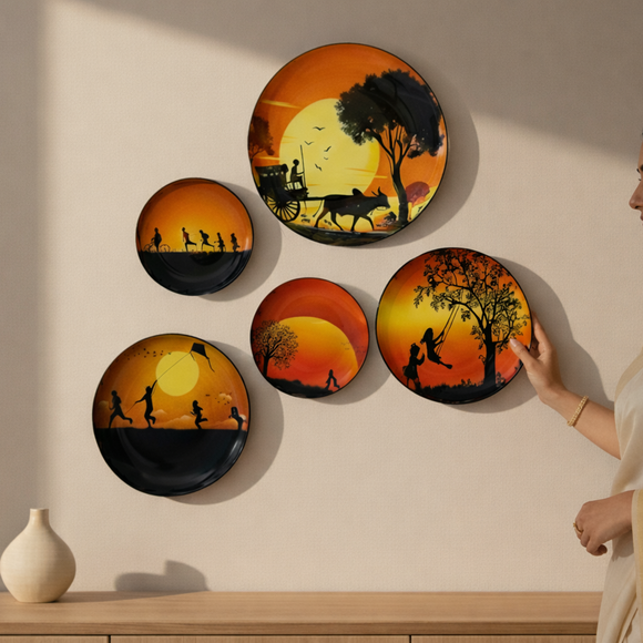  'Village Serenity' Decorative Wall Plates Wall Décor Hanging (30.5 Cm, Set of 5, Iron, Hand-Enameled)