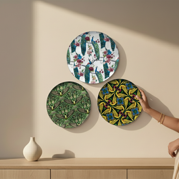  'Birds Paradise' Decorative Wall Plates Wall Décor Hanging (30.5 Cm, Set of 3, Iron, Hand-Enameled)