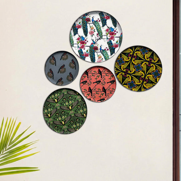  'Birds Paradise' Decorative Wall Plates Wall Décor Hanging (30.5 Cm, Set of 5, Iron, Hand-Enameled)