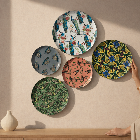  'Birds Paradise' Decorative Wall Plates Wall Décor Hanging (30.5 Cm, Set of 5, Iron, Hand-Enameled)