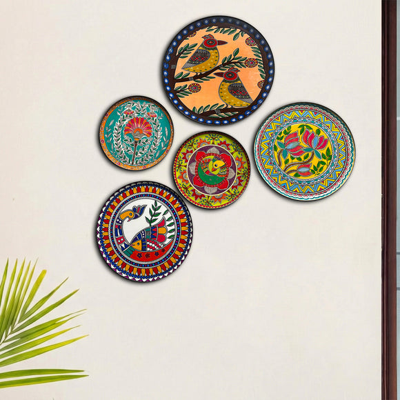  'Madhubani Heritage' Decorative Wall Plates Wall Décor Hanging (30.5 Cm, Set of 5, Iron, Hand-Enameled)