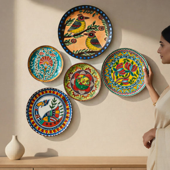 'Madhubani Heritage' Decorative Wall Plates Wall Décor Hanging (30.5 Cm, Set of 5, Iron, Hand-Enameled)