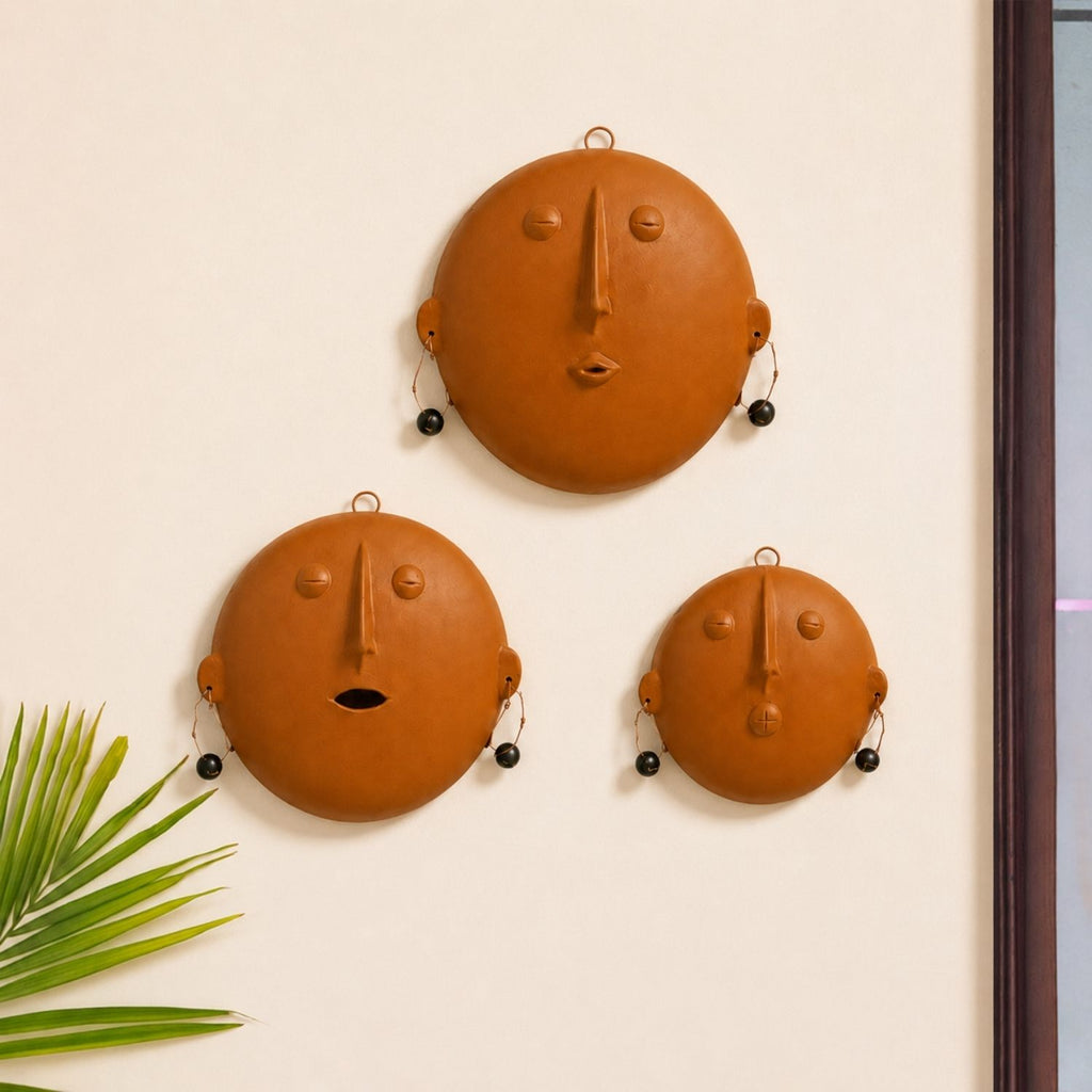 Earthen Faces Terracotta Wall Plates Wall Decor (Set of 3, Multicoloured, Handmade)