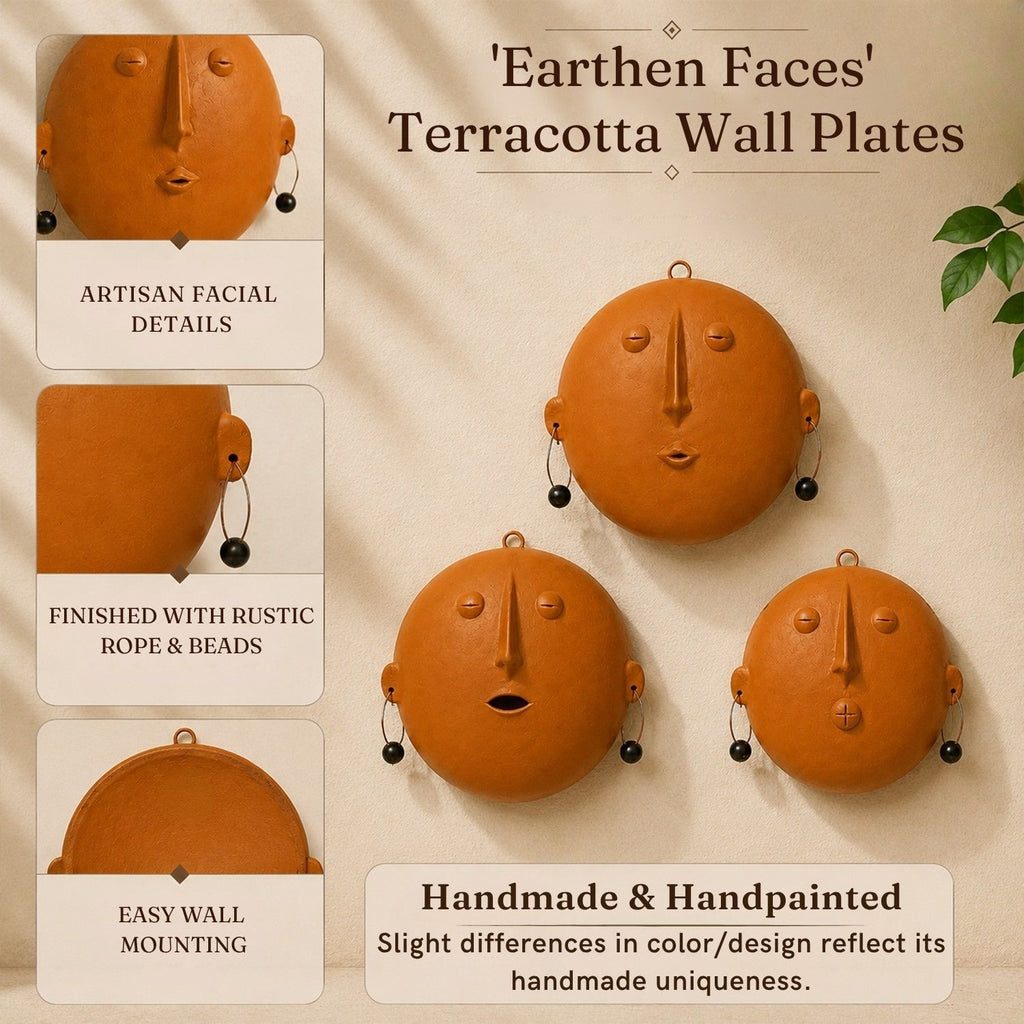 Earthen Faces Terracotta Wall Plates Wall Decor (Set of 3, Multicoloured, Handmade)
