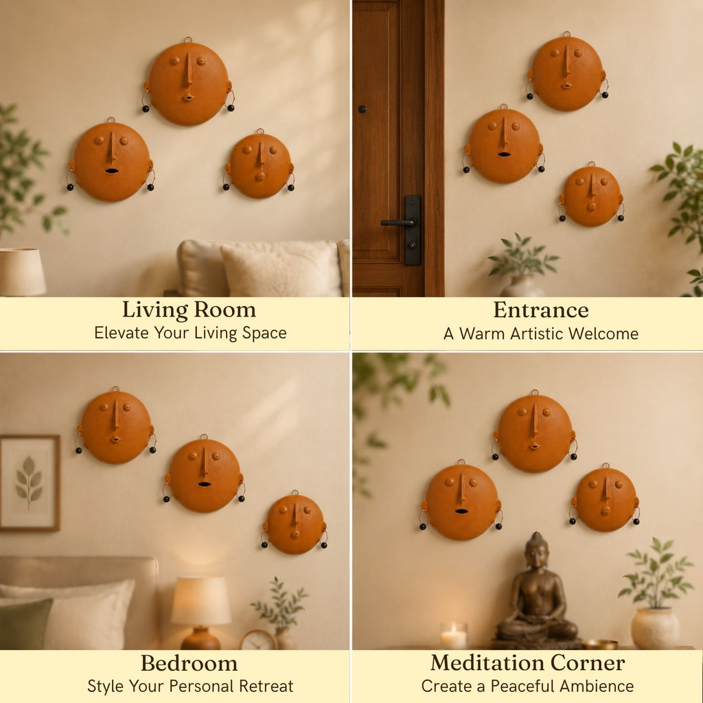 Earthen Faces Terracotta Wall Plates Wall Decor (Set of 3, Multicoloured, Handmade)