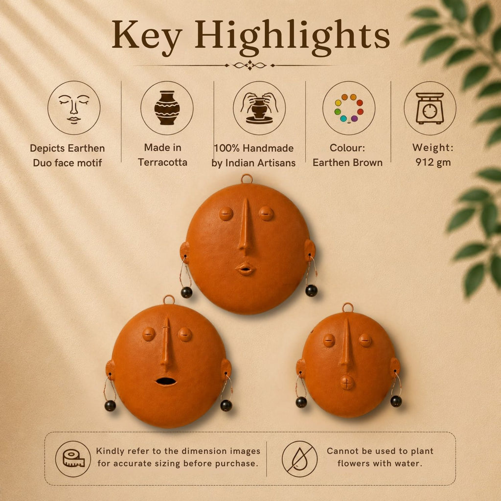 Earthen Faces Terracotta Wall Plates Wall Decor (Set of 3, Multicoloured, Handmade)