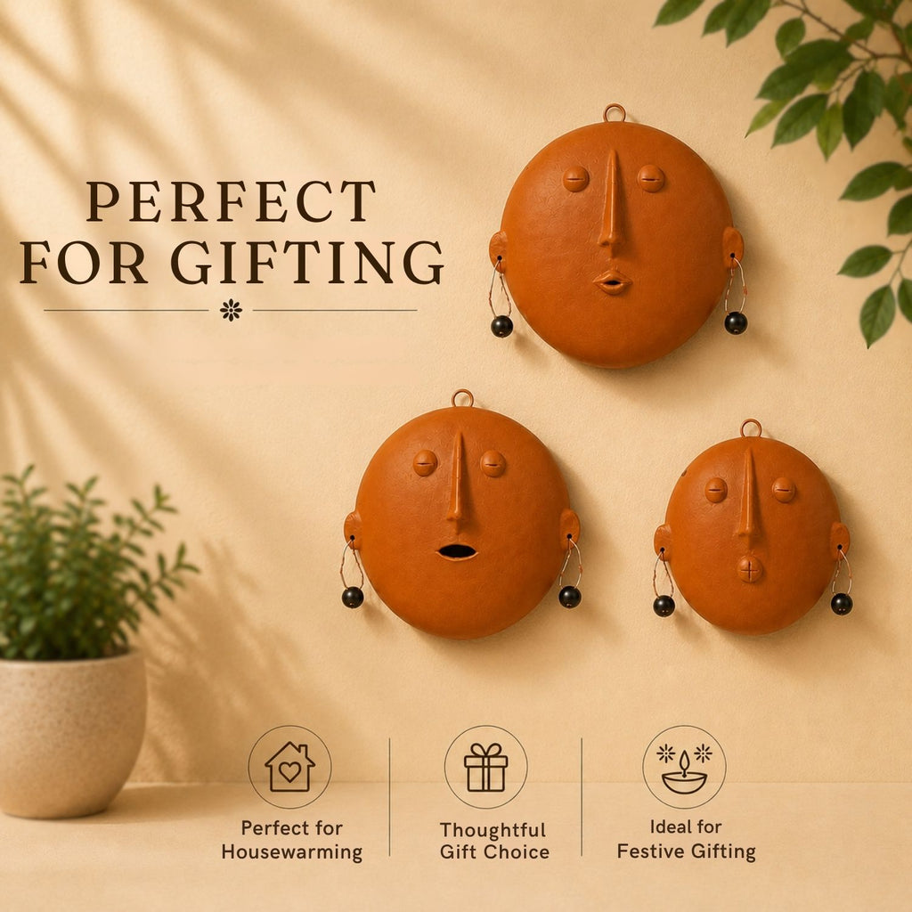 Earthen Faces Terracotta Wall Plates Wall Decor (Set of 3, Multicoloured, Handmade)