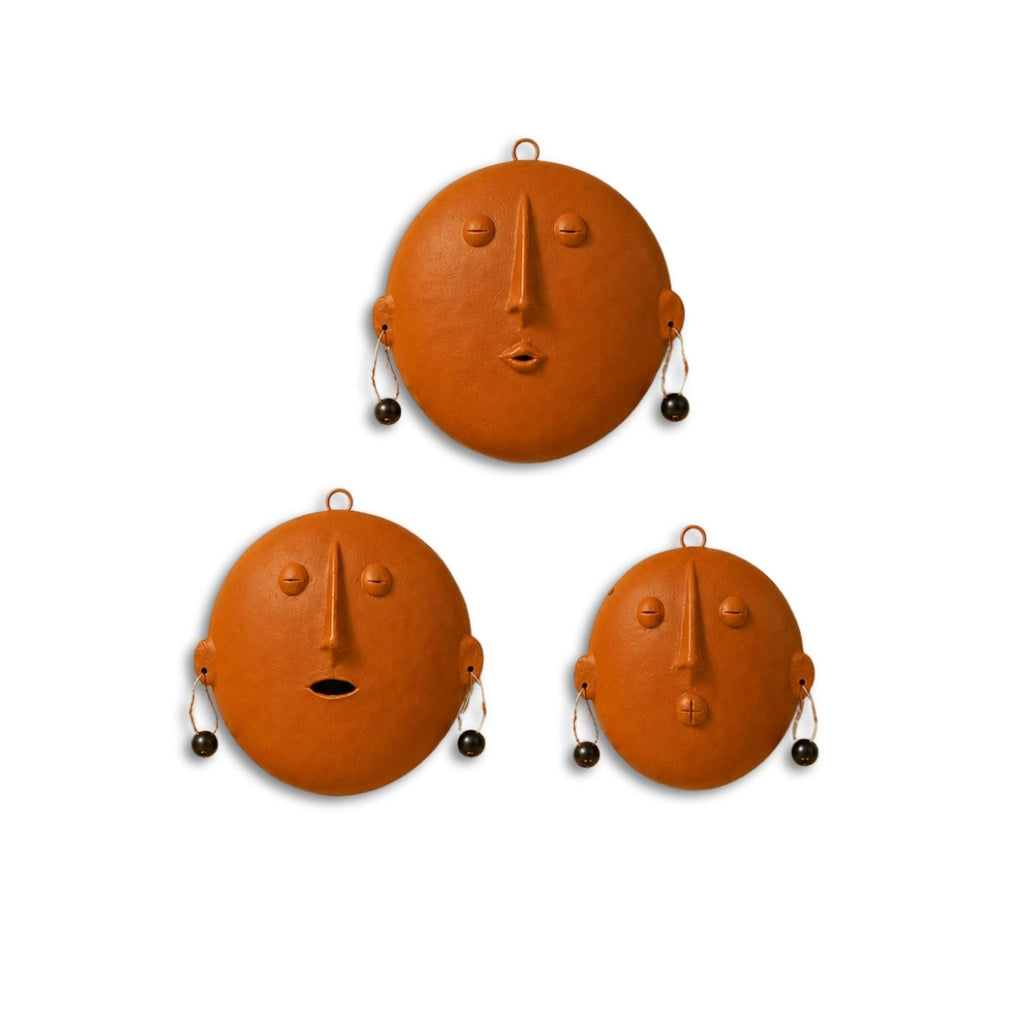 Earthen Faces Terracotta Wall Plates Wall Decor (Set of 3, Multicoloured, Handmade)