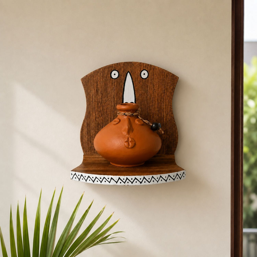 Earthen Frame Terracotta Decorative Pots With Mango Wooden Frame Wall Hanging (Earthen Brown, Handmade)