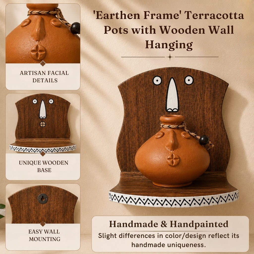 Earthen Frame Terracotta Decorative Pots With Mango Wooden Frame Wall Hanging (Earthen Brown, Handmade)