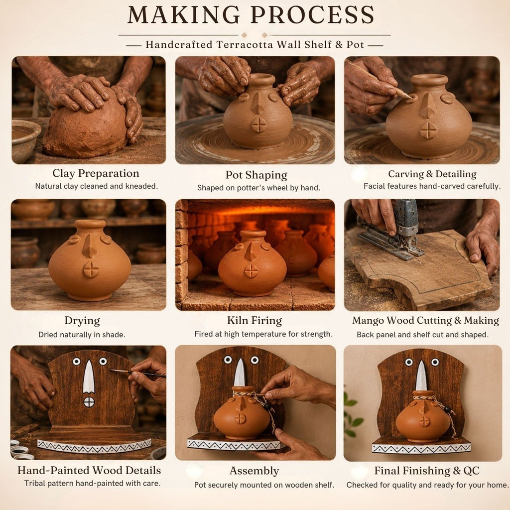 Earthen Frame Terracotta Decorative Pots With Mango Wooden Frame Wall Hanging (Earthen Brown, Handmade)