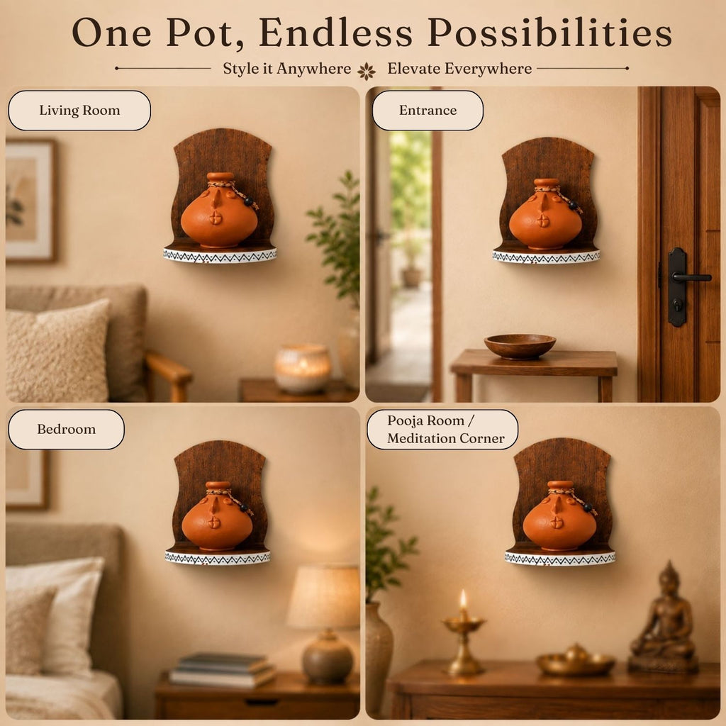 Earthen Frame Terracotta Decorative Pots With Mango Wooden Frame Wall Hanging (Earthen Brown, Handmade)