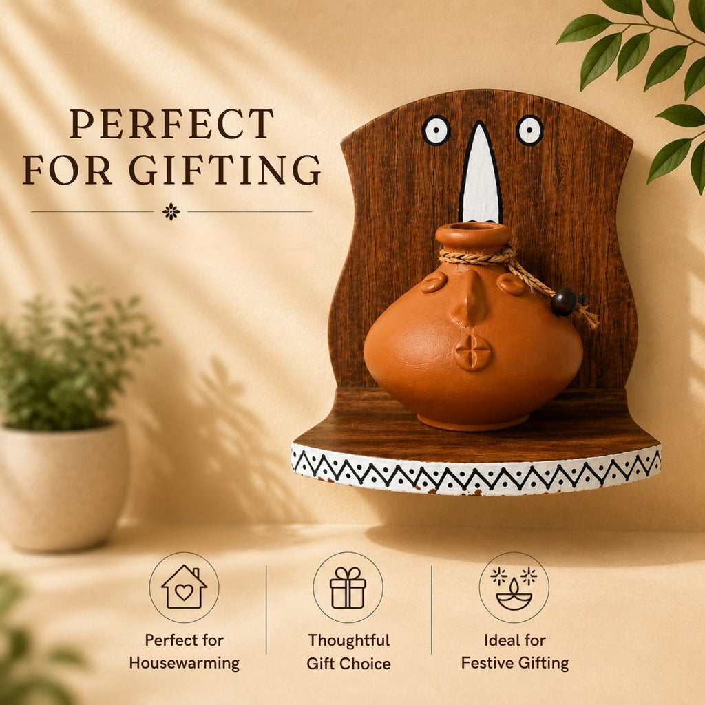 Earthen Frame Terracotta Decorative Pots With Mango Wooden Frame Wall Hanging (Earthen Brown, Handmade)