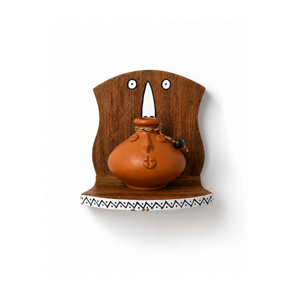 Earthen Frame Terracotta Decorative Pots With Mango Wooden Frame Wall Hanging (Earthen Brown, Handmade)