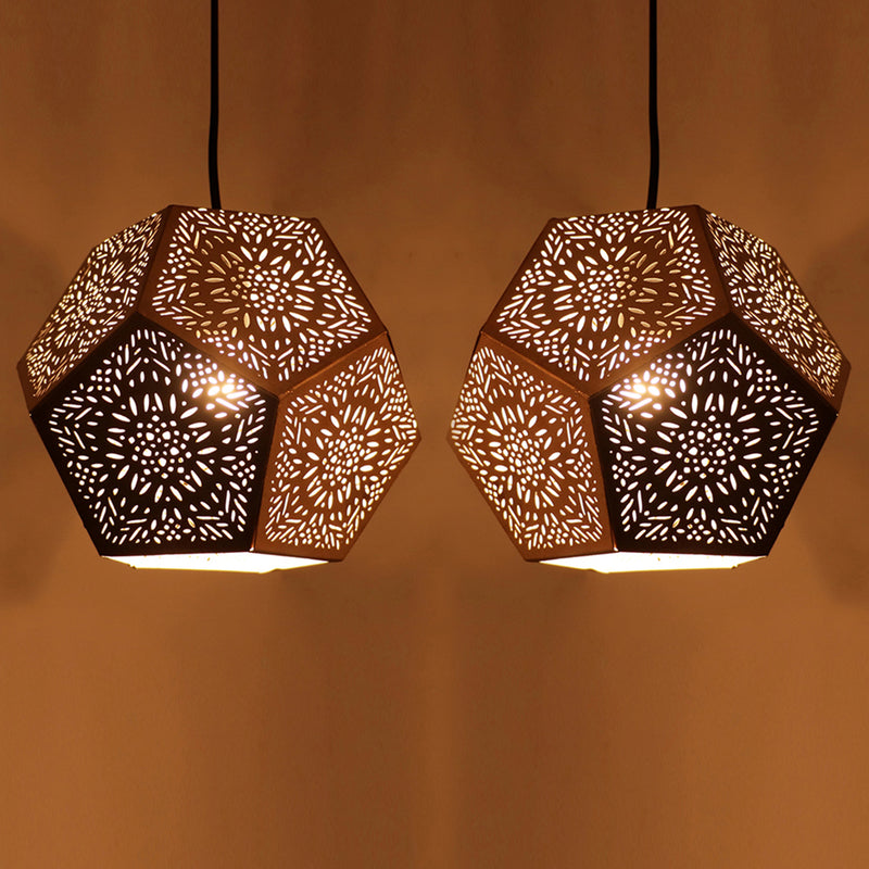 Moroccan Geometry Hand-Etched Pendant Lamp In Iron (Set of 2, 17.8 cm)