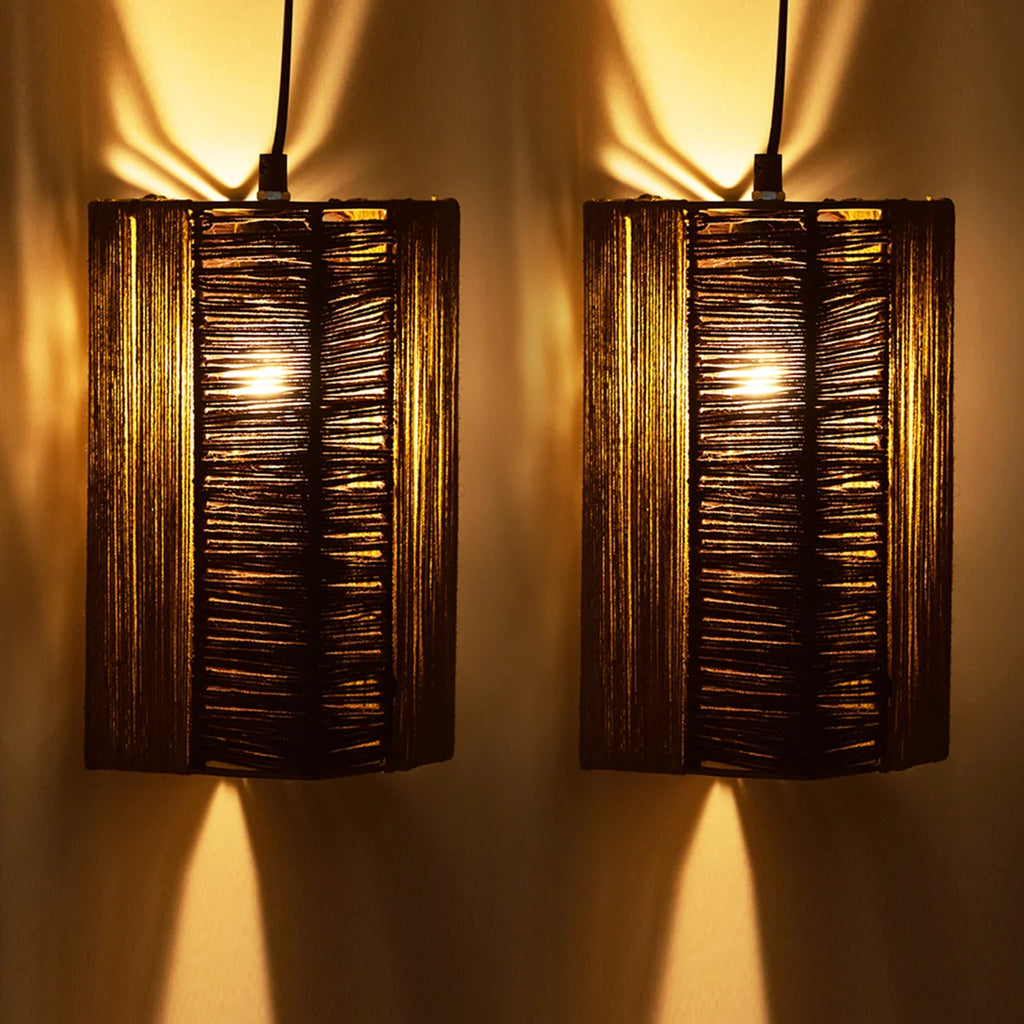 Jute Glimmers Handwoven Cuboidal Hanging Pendant Lamp In Jute & Iron (Set of 2, 27.9 cm)