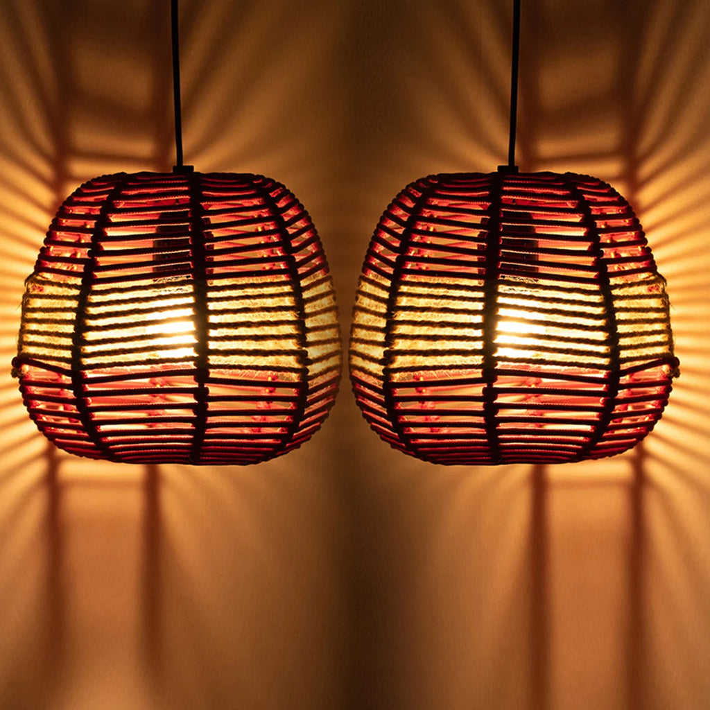 Jute Shimmers Handwoven Spherical Hanging Pendant Lamp In Jute & Iron (Set of 2, 17.8 cm)