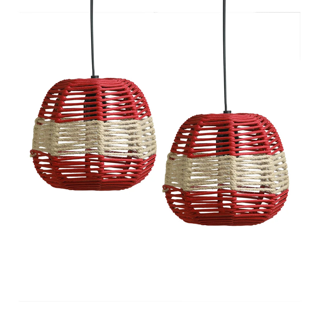 Jute Shimmers Handwoven Spherical Hanging Pendant Lamp In Jute & Iron (Set of 2, 17.8 cm)