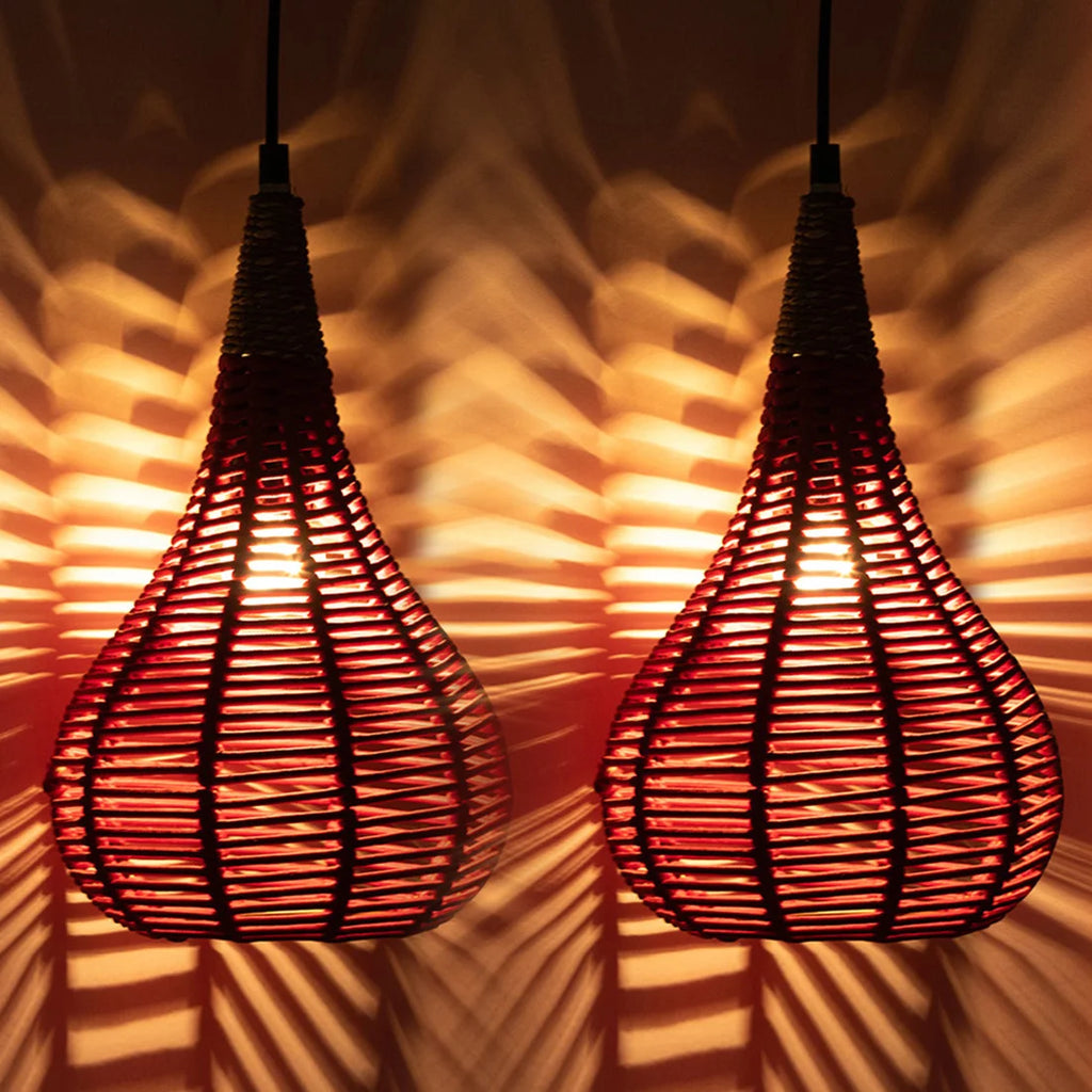 Cotton Paradise Handwoven Conical Hanging Pendant Lamp In Cotton Rope & Iron (Set of 2, 35.6 cm)
