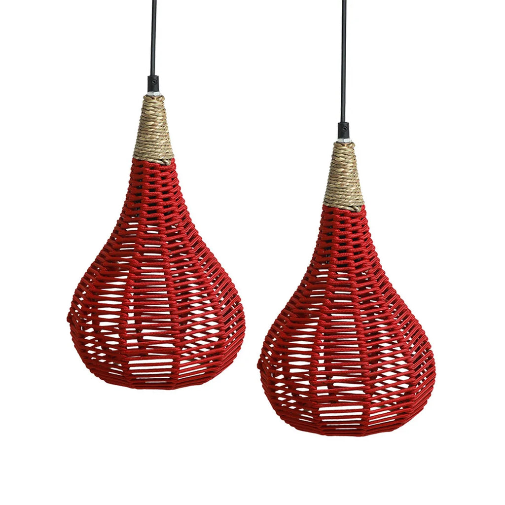 Cotton Paradise Handwoven Conical Hanging Pendant Lamp In Cotton Rope & Iron (Set of 2, 35.6 cm)