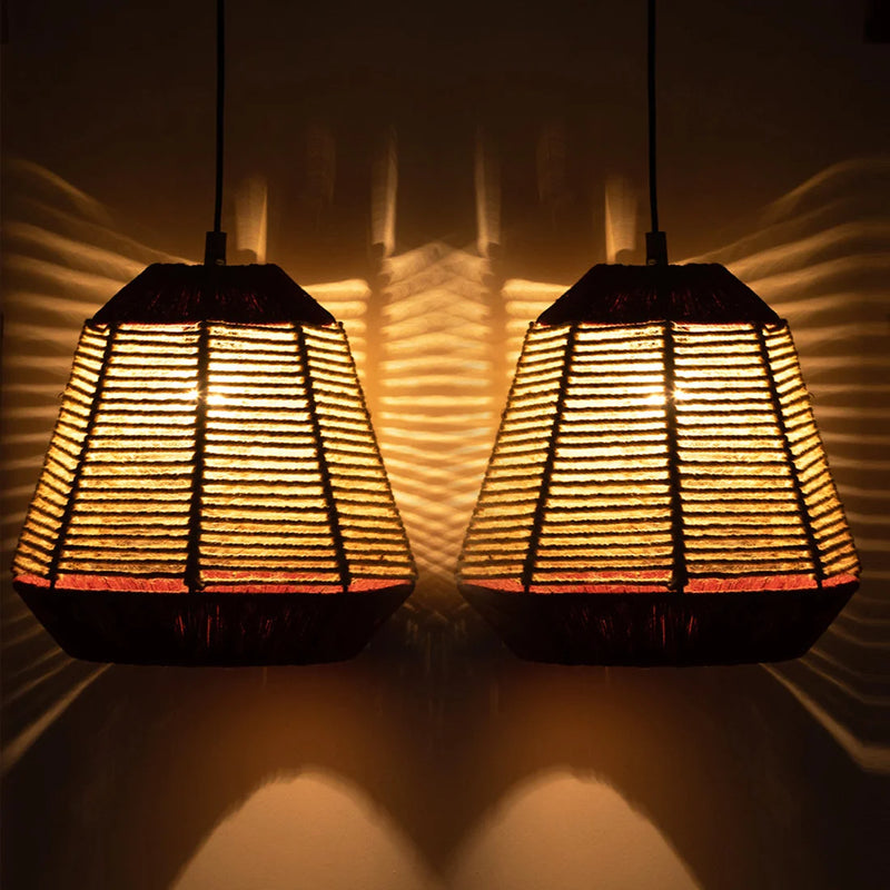 Jute Fluorescence Handwoven Pyramidal Hanging Pendant Lamp In Jute & Iron (Set of 2, 27.9 cm)