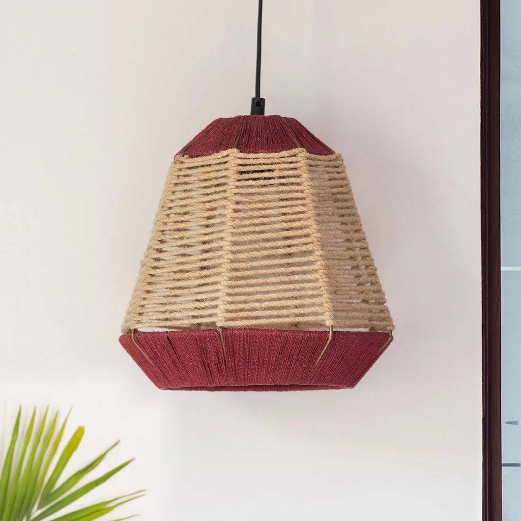 Jute Fluorescence Handwoven Pyramidal Hanging Pendant Lamp In Jute & Iron (Set of 2, 27.9 cm)
