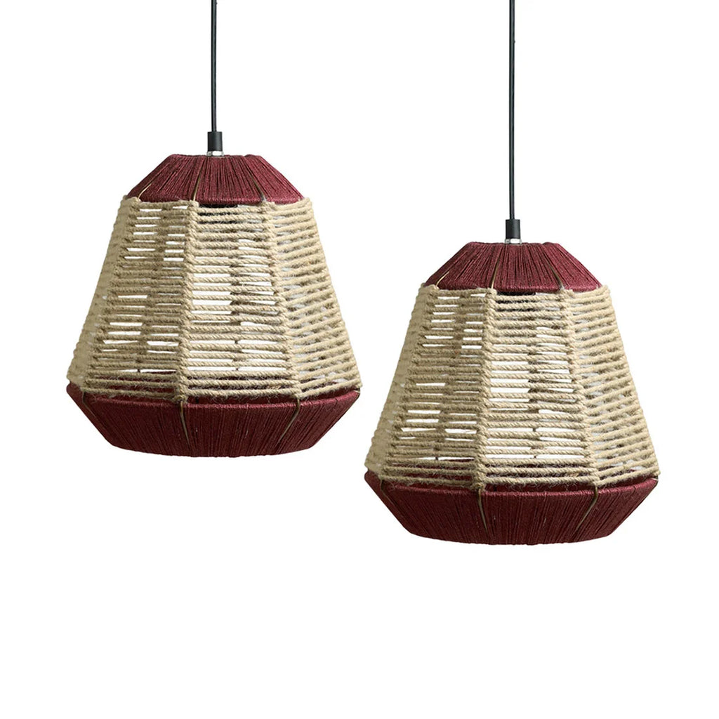 Jute Fluorescence Handwoven Pyramidal Hanging Pendant Lamp In Jute & Iron (Set of 2, 27.9 cm)
