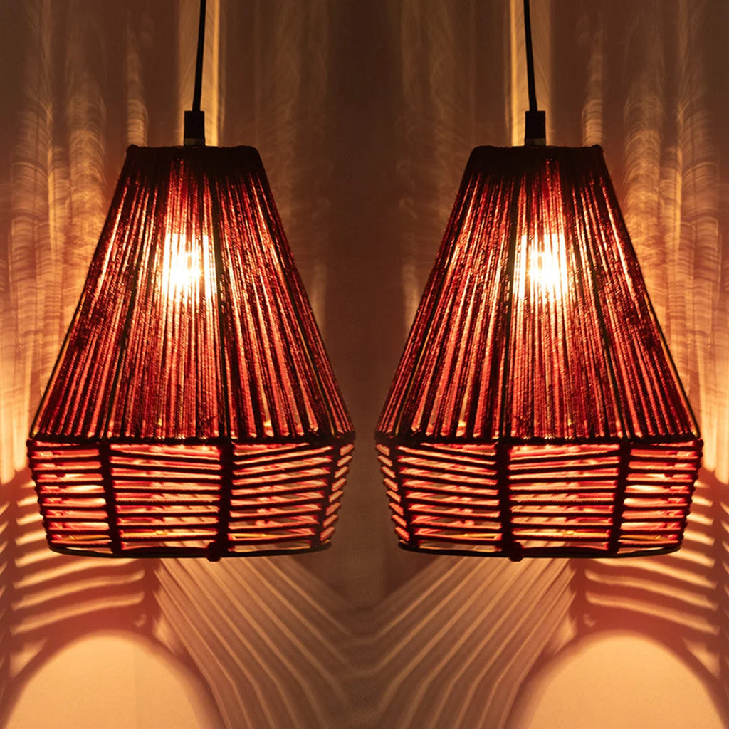 Jute Sensations Handwoven Pyramidal Hanging Pendant Lamp In Jute & Iron (Set of 2, 27.9 cm)