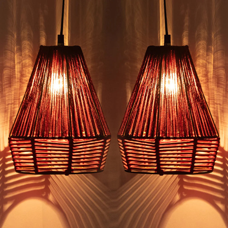Jute Sensations Handwoven Pyramidal Hanging Pendant Lamp In Jute & Iron (Set of 2, 27.9 cm)