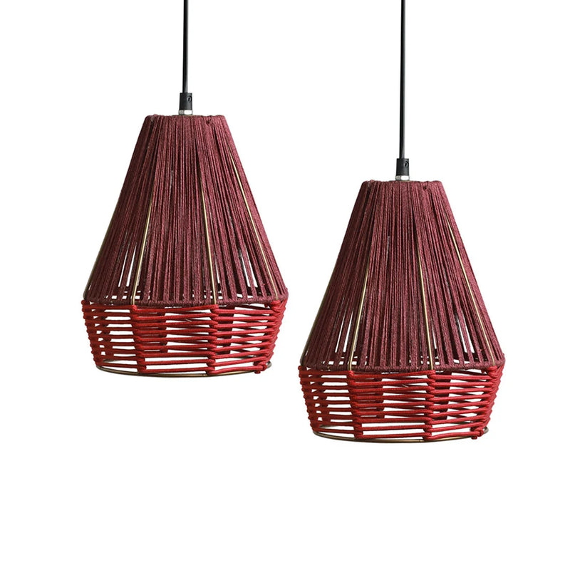 Jute Sensations Handwoven Pyramidal Hanging Pendant Lamp In Jute & Iron (Set of 2, 27.9 cm)