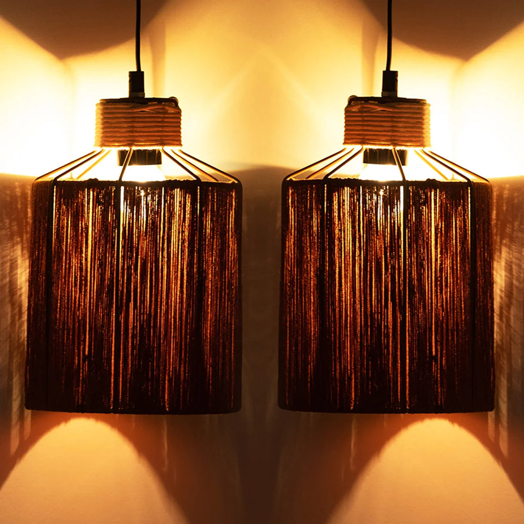 Jute Miracles Handwoven Cylindrical Hanging Pendant Lamp In Jute & Iron (Set of 2, 27.9 cm)