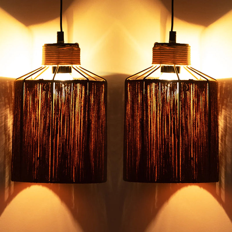Jute Miracles Handwoven Cylindrical Hanging Pendant Lamp In Jute & Iron (Set of 2, 27.9 cm)
