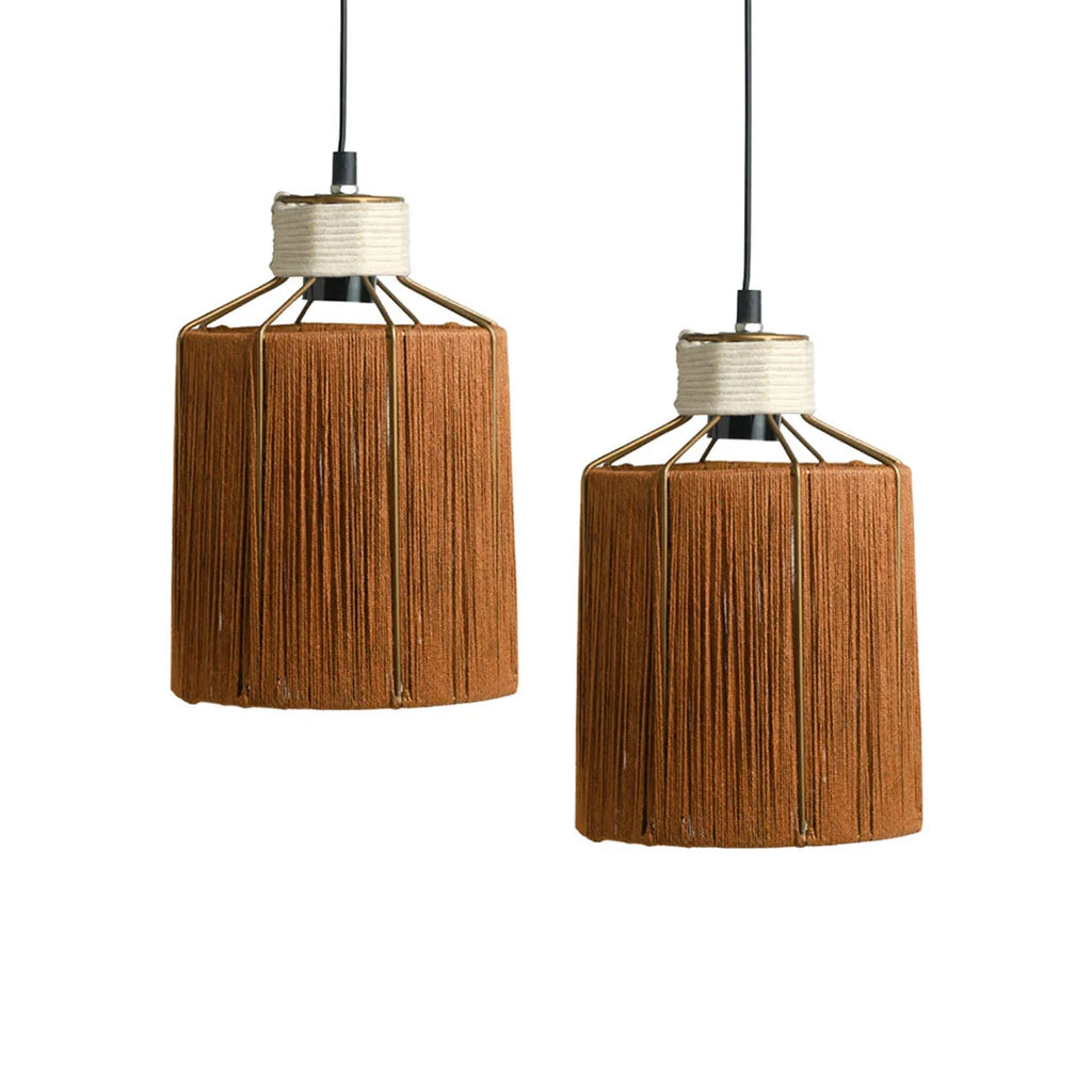 Jute Miracles Handwoven Cylindrical Hanging Pendant Lamp In Jute & Iron (Set of 2, 27.9 cm)
